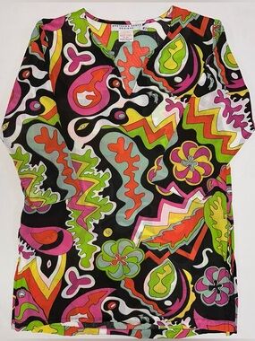 Gretchen Scott M Top Psychedelic Print 3/4 Sleeve Cotton Lightweight Tunic